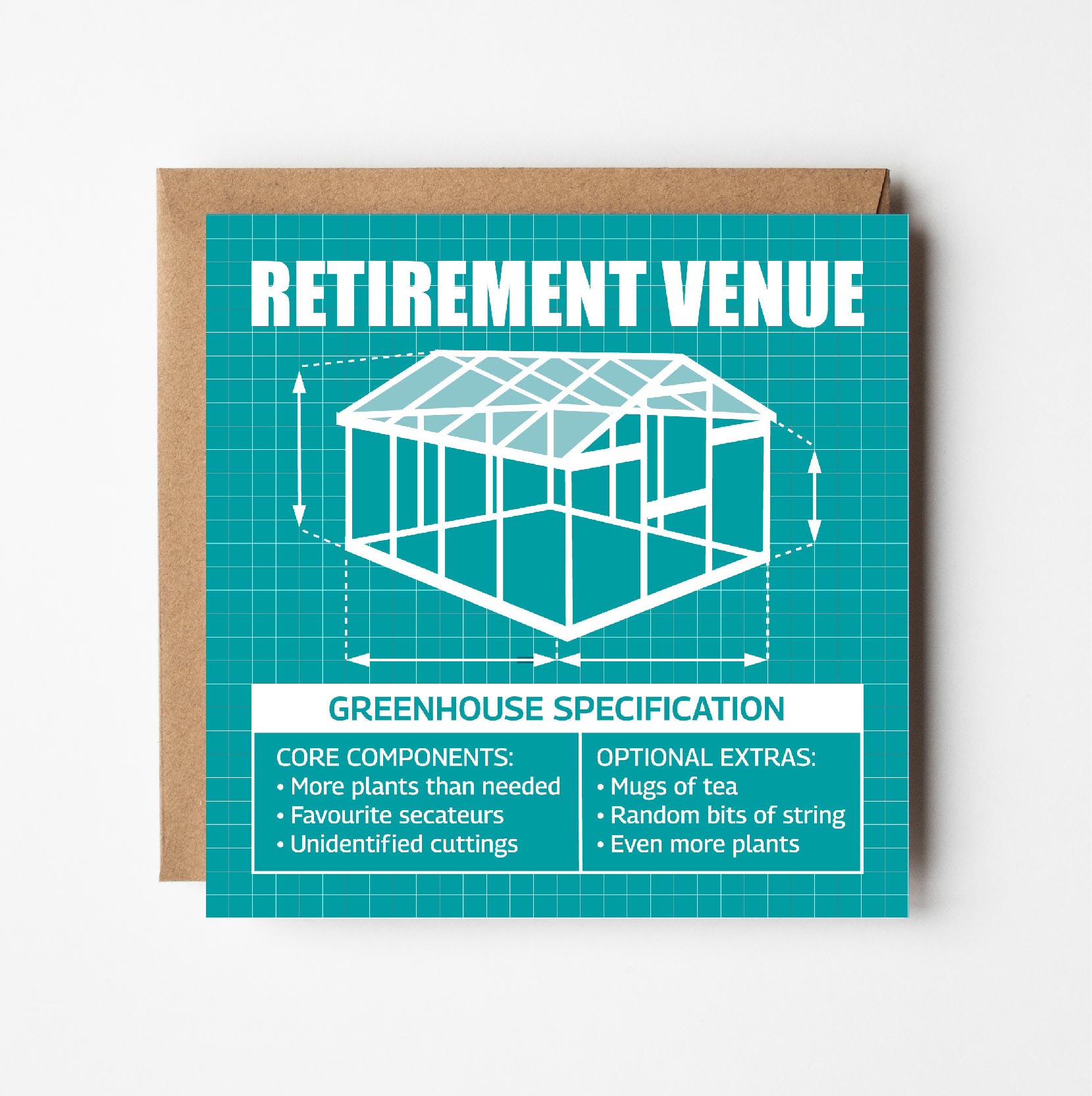 Retirement card with greenhouse design and text in style of blueprint plans on a teal background