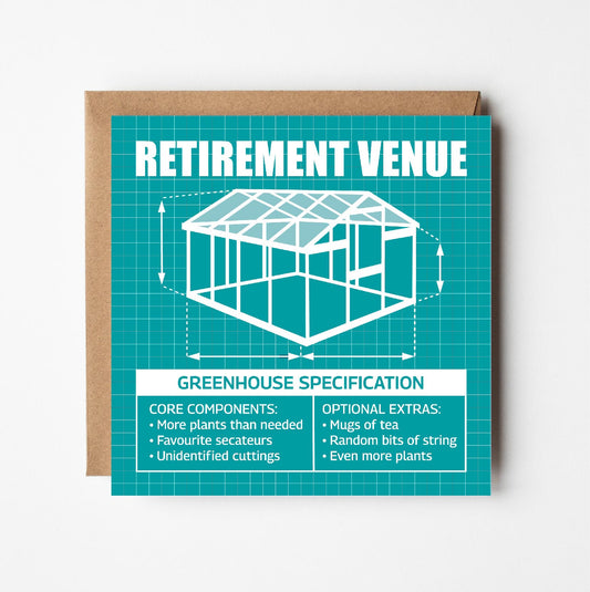 Retirement card with greenhouse design and text in style of blueprint plans on a teal background