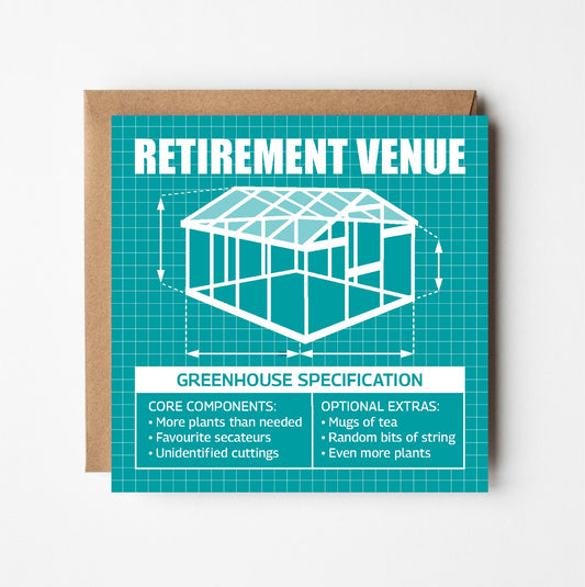 Retirement card with greenhouse design and text in style of blueprint plans on a teal background