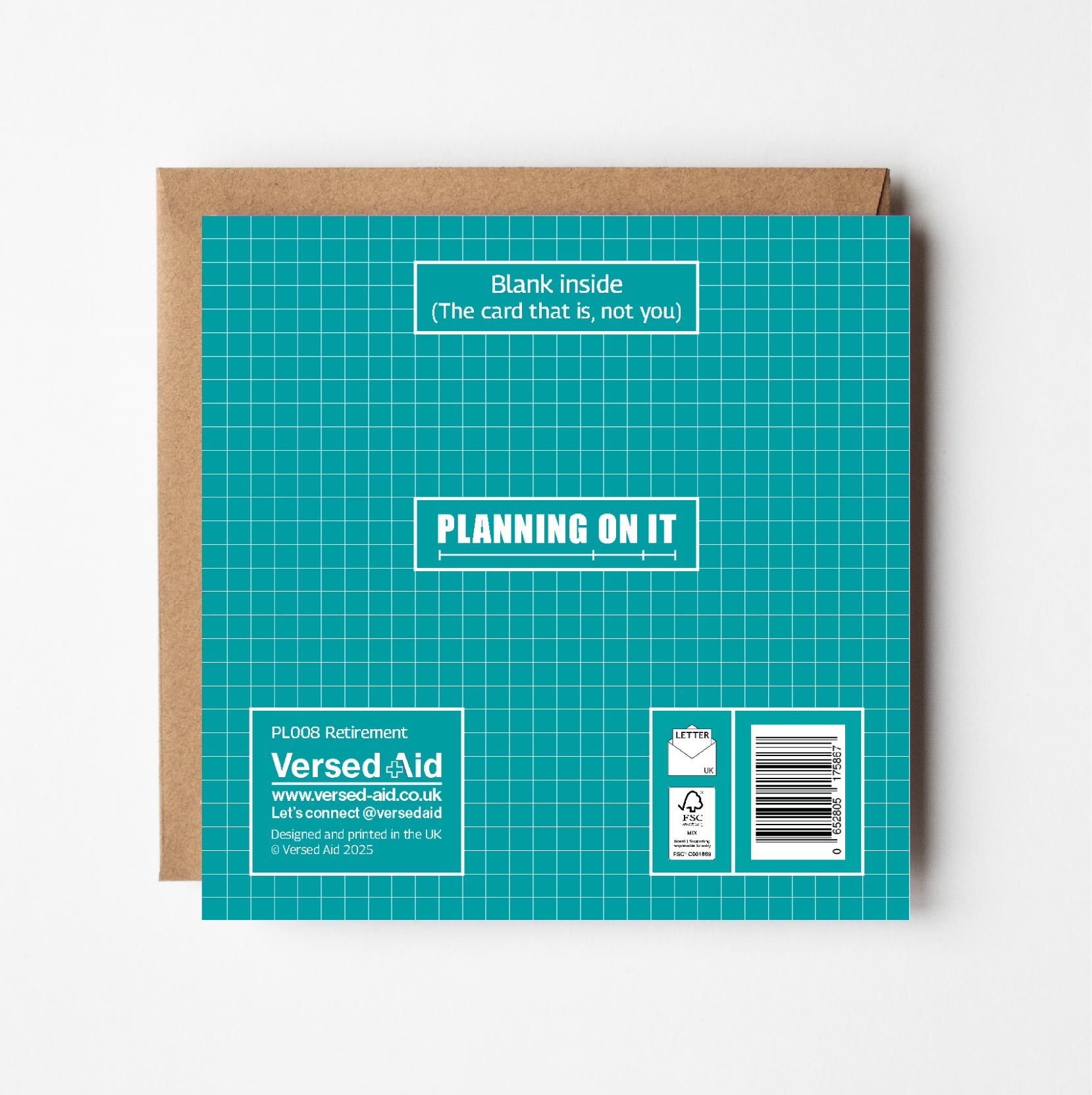 Reverse of a greeting card, grid patterned, with Versed Aid branding and product details