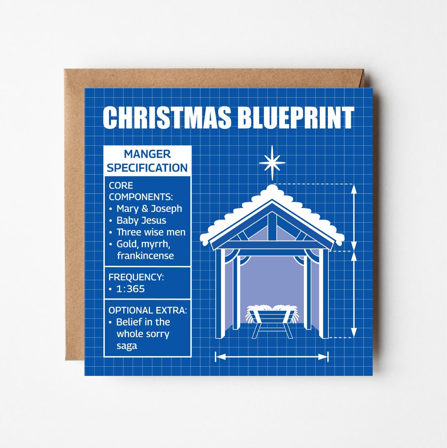 Funny Christmas card with blueprint-inspired design of nativity scene on a blue background