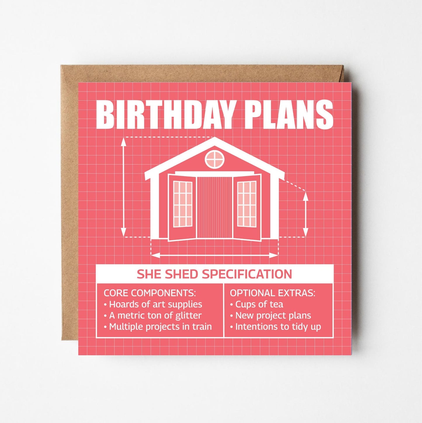 Funny birthday card for her with blueprint-inspired 'Shed Shed' design for crafting lovers on a peach grid background