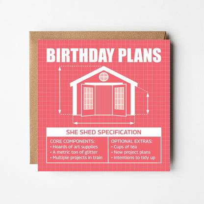 Funny birthday card for her with blueprint-inspired 'Shed Shed' design for crafting lovers on a peach grid background