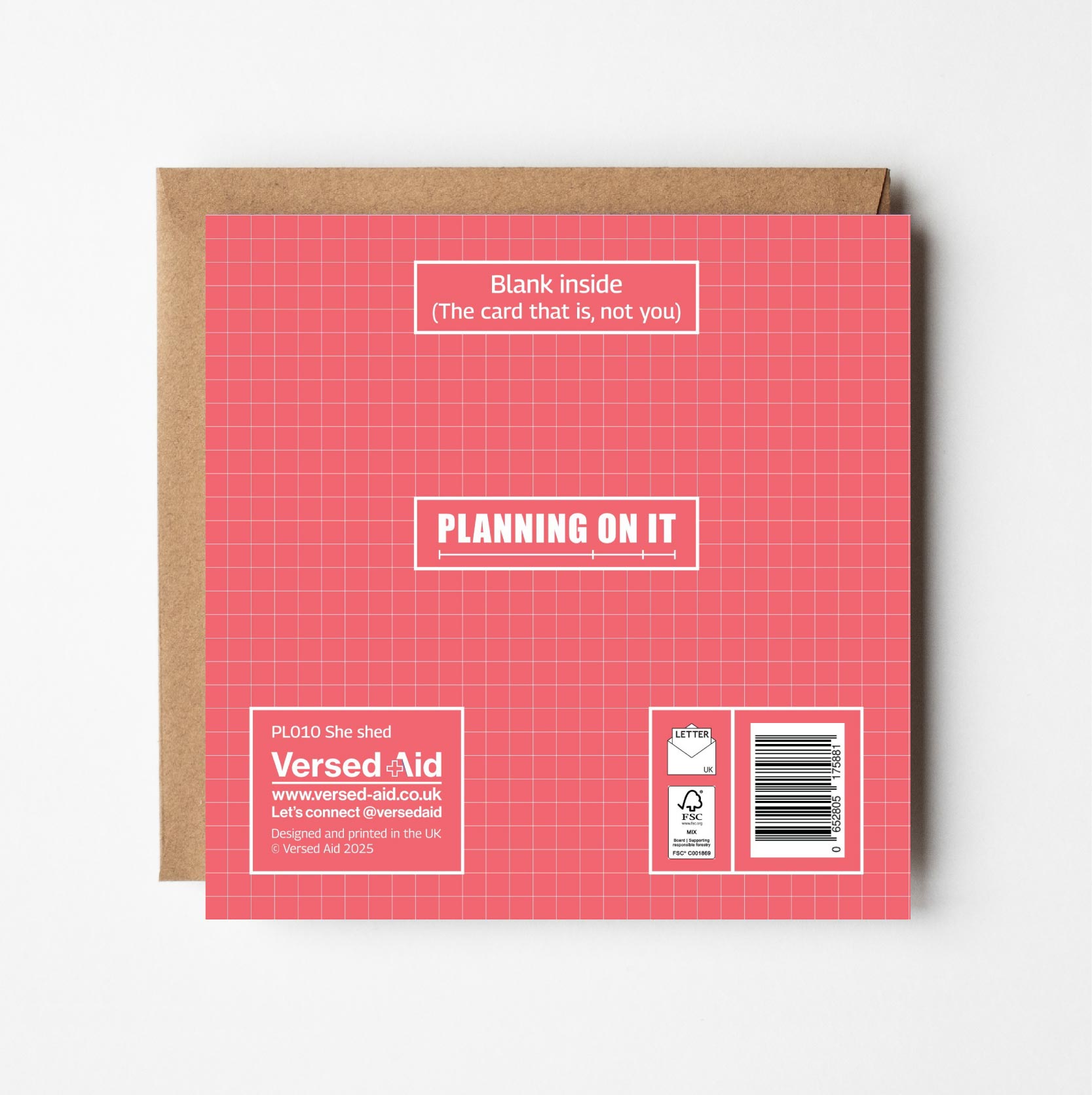 Reverse side of grid-patterned greeting card with Versed Aid branding and product details