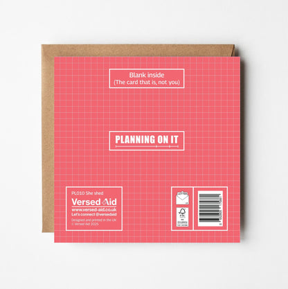 Reverse side of grid-patterned greeting card with Versed Aid branding and product details