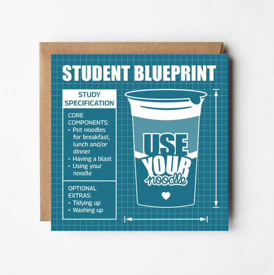 Funny Good Luck Off To University card with blueprint-inspired design of Pot Noodles on a teal background