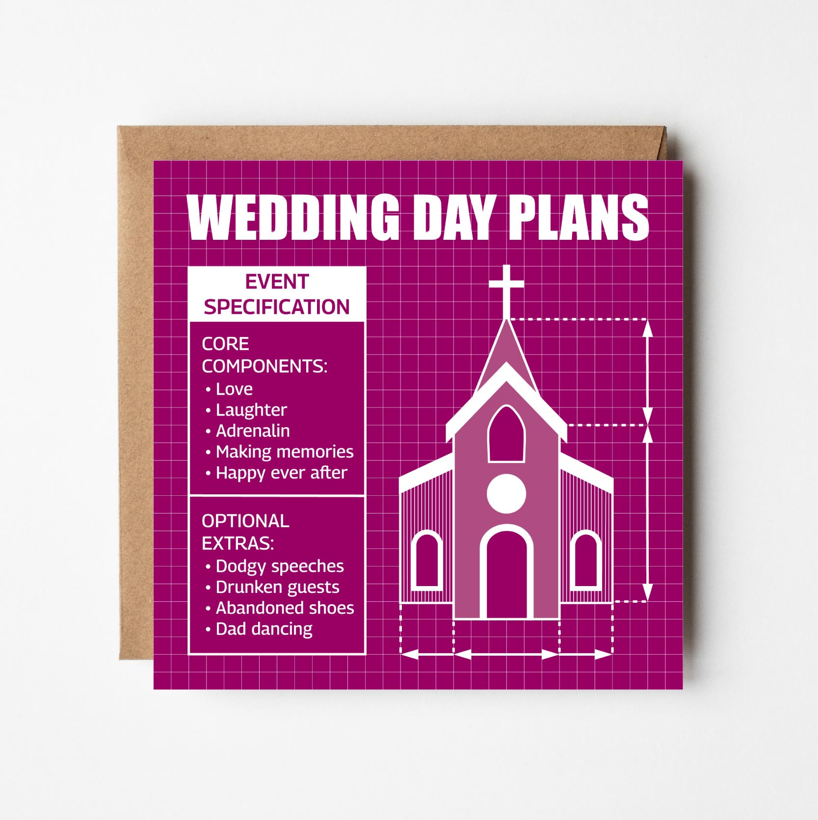 Funny wedding card with blueprint-inspired church illustration on a purple grid background