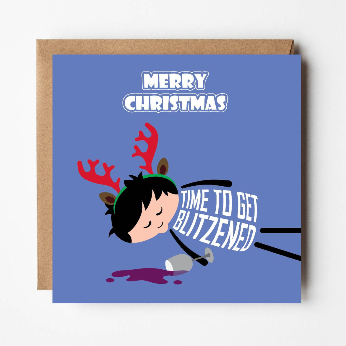 Funny Christmas card with reindeer antlers and spilled wine — cheeky holiday drinking humour with Blitzen pun