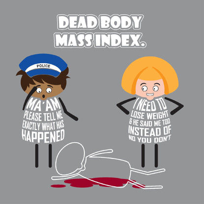Card titled Dead body mass index.  A cartoon policeman and a lady stand next to the chalk outline of a body with blood stains on the ground. The policeman says Ma’am please tell me exactly what has happened.  The lady says I need to lose weight and he said Me Too instead of No You Don’t.