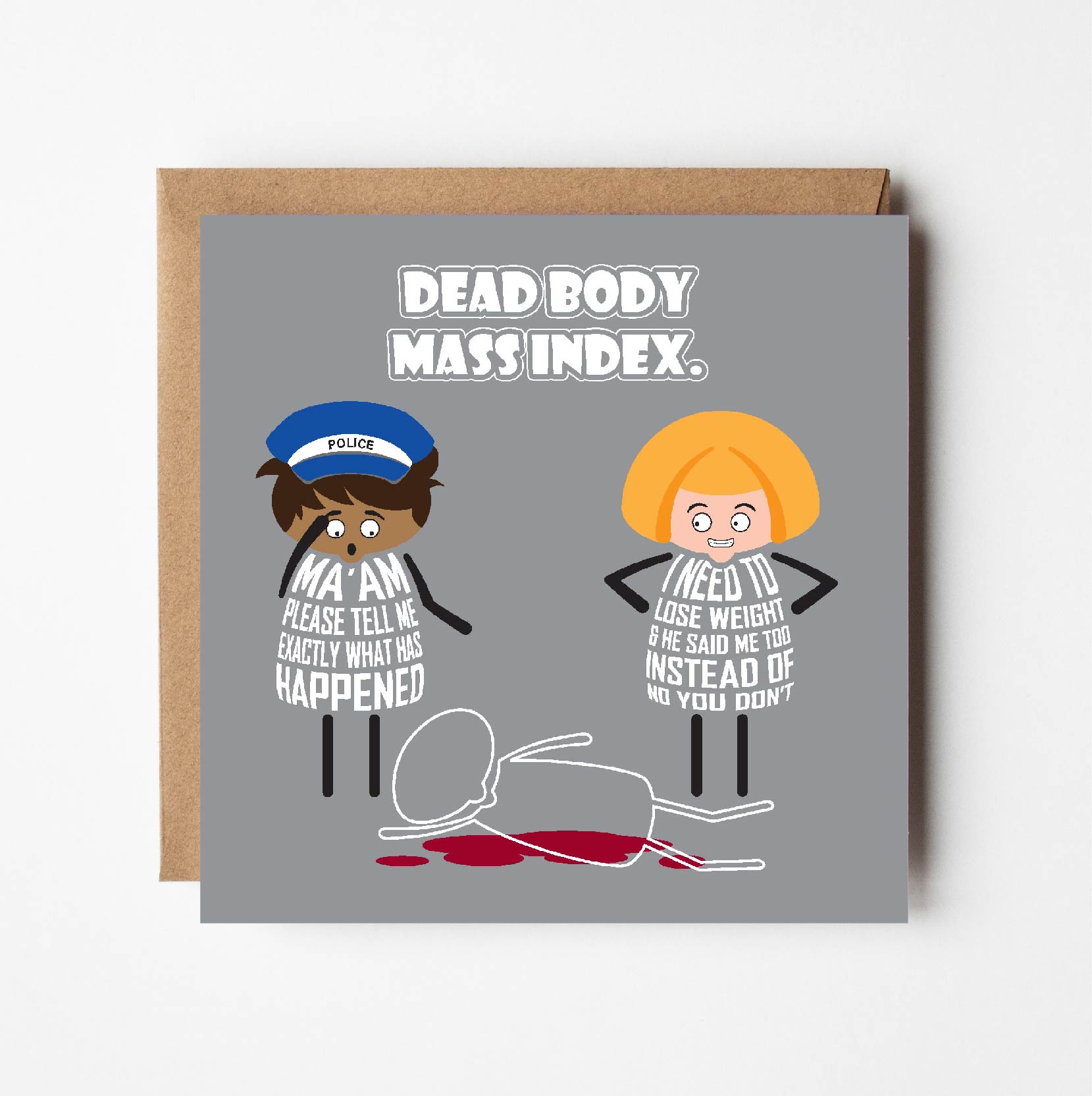 Card titled Dead body mass index.  A cartoon policeman and a lady stand next to the chalk outline of a body with blood stains on the ground. The policeman says Ma’am please tell me exactly what has happened.  The lady says I need to lose weight and he said Me Too instead of No You Don’t.