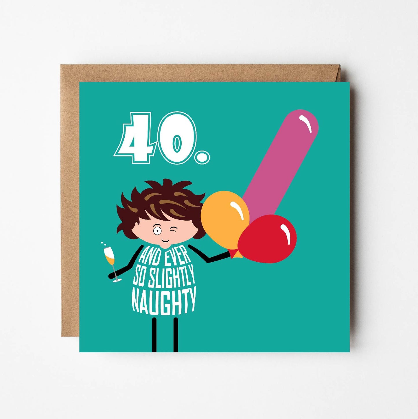 Card is printed with text that says 40 and every so slightly naughty.  A cartoon lady holds a glass of bubbly in one hand while winking.  In the other hand she holds three balloons: two round balloon and a long one resembling male genitals