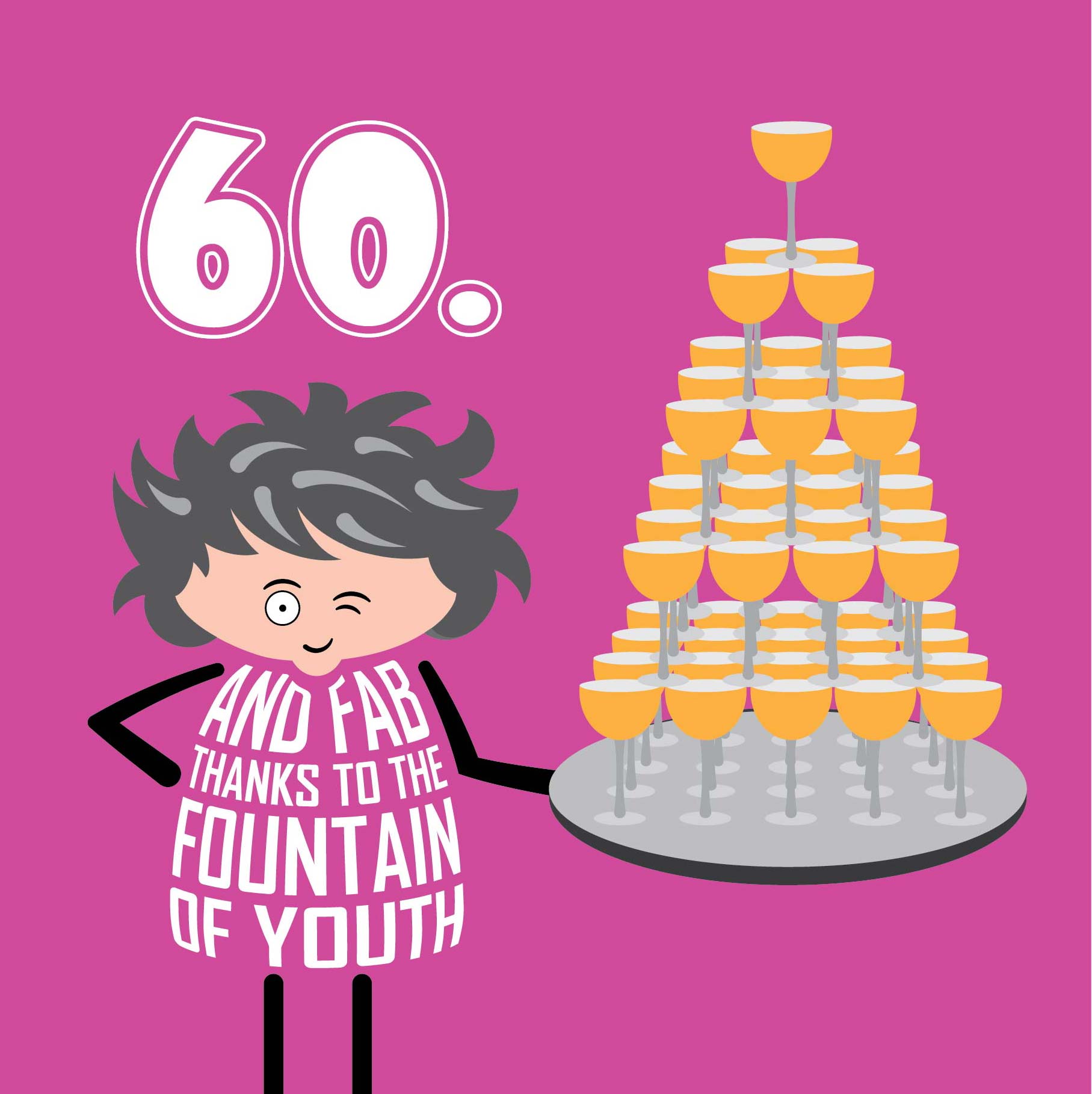 Text on card says: “60 – and fab thanks to the fountain of youth” in white text on pink background.  A cartoon lady holds a tray piled high with a fountain of wine glasses.  Car––d is 150mm square and supplied with eco-Kraft envelope.