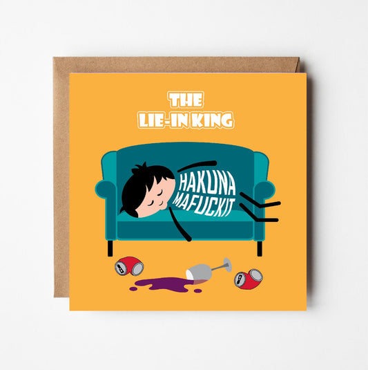 Greeting card with a person lying on a couch after drinking too much and humorous text on a yellow background