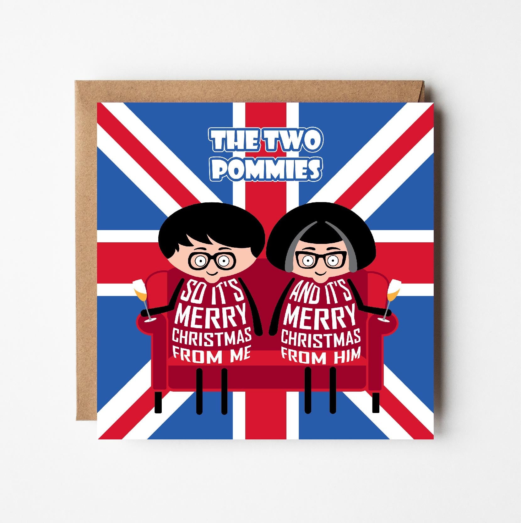 Christmas card across the miles from 'The Two Pommies' - a funny twist on the Two Ronnies - set against a Union Jack background.