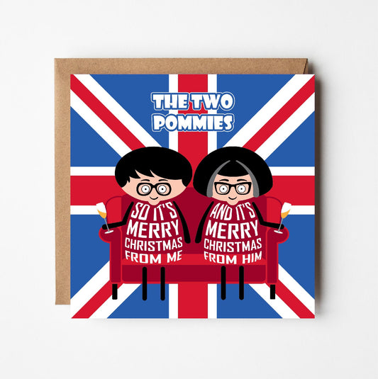 Christmas card across the miles from 'The Two Pommies' - a funny twist on the Two Ronnies - set against a Union Jack background.