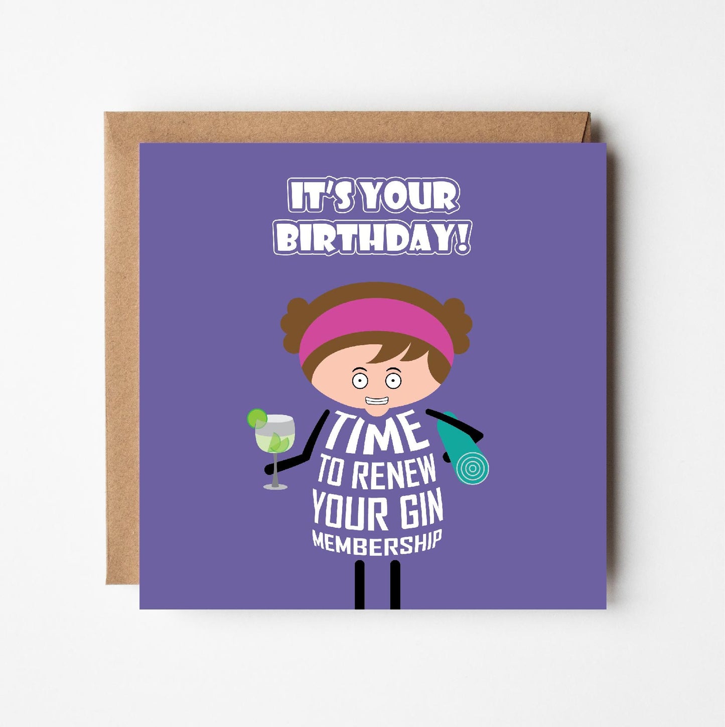 Birthday card with cartoon character holding a glass of gin and  yoga mat with text saying "It's your birthday. Time to renew your gin membership" on a purple background