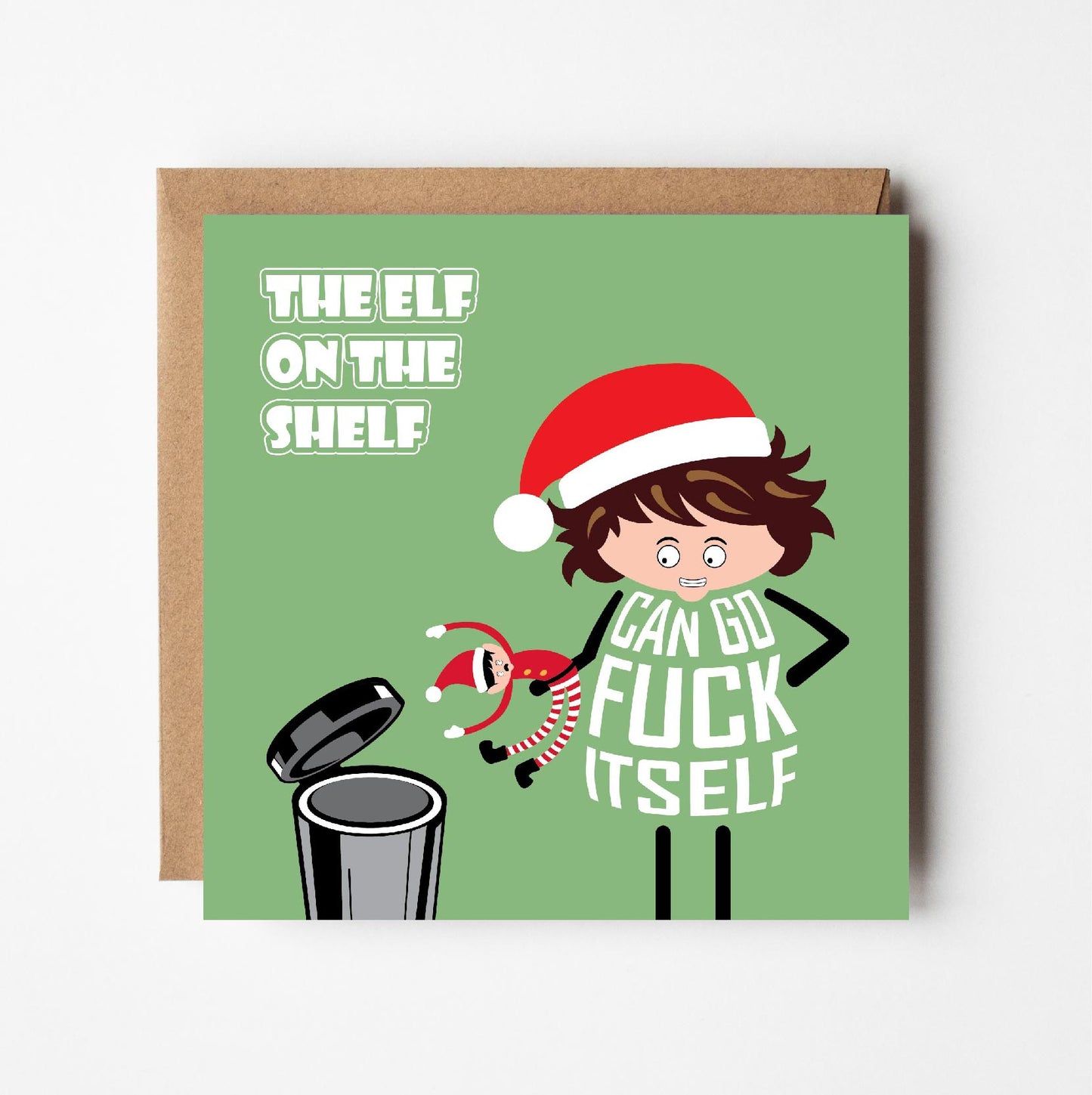 Greeting card with Christmas-themed illustration of elf on a shelf and sweary text on a green background