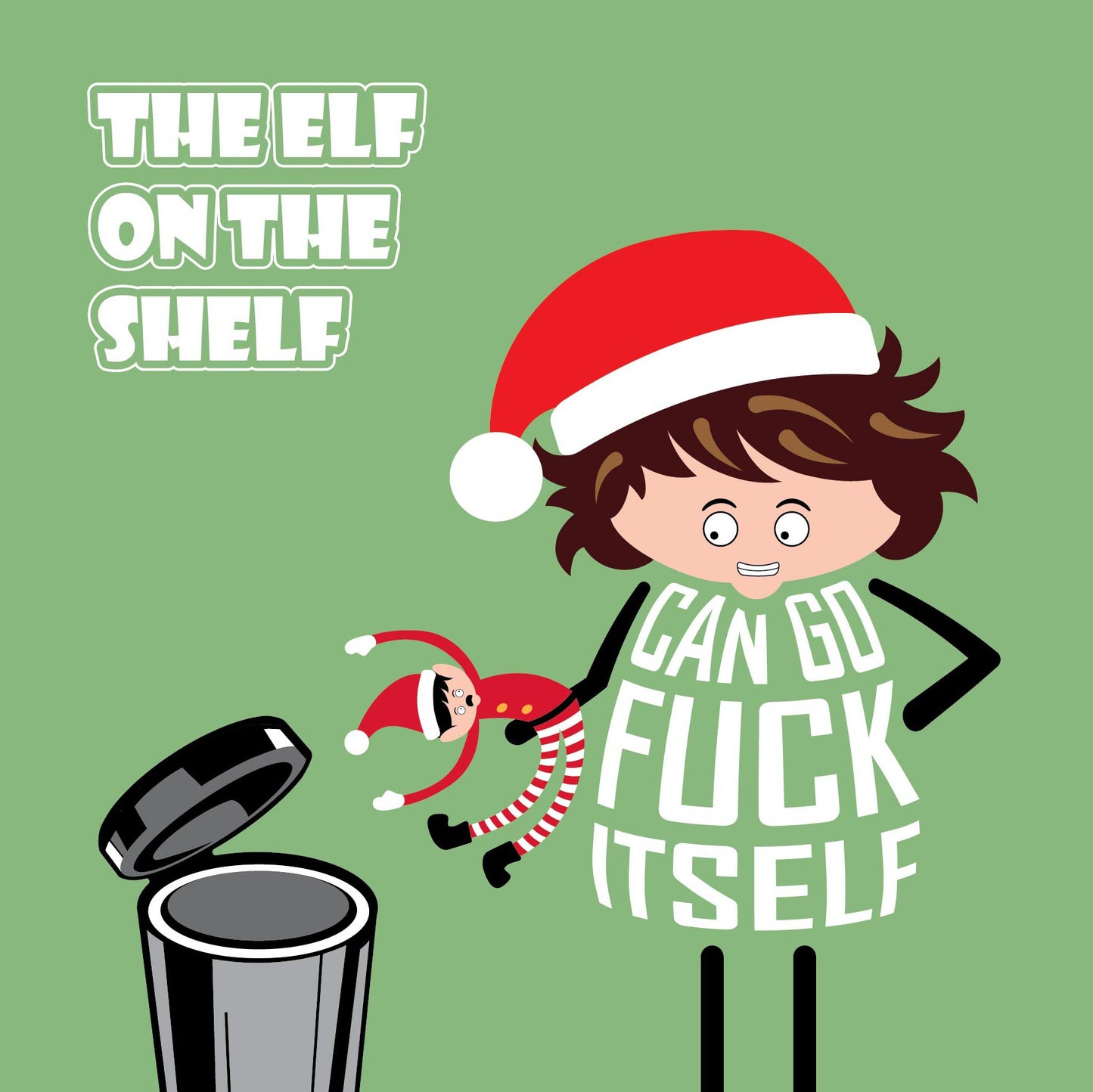 Greeting card with Christmas-themed illustration of elf on a shelf and sweary text on a green background