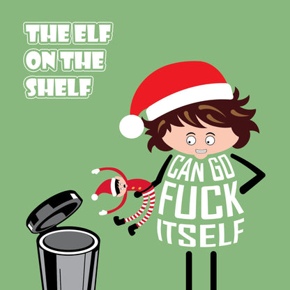 Greeting card with Christmas-themed illustration of elf on a shelf and sweary text on a green background