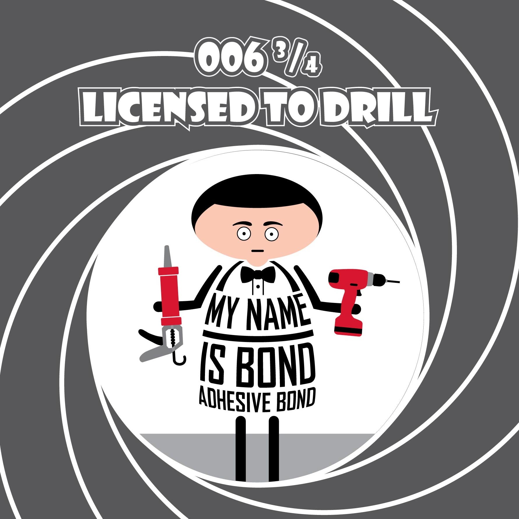 Funny James Bond greeting card for DIY enthusiasts with a 'Licence to Drill' set against the iconic gun barrel image