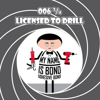 Funny James Bond greeting card for DIY enthusiasts with a 'Licence to Drill' set against the iconic gun barrel image