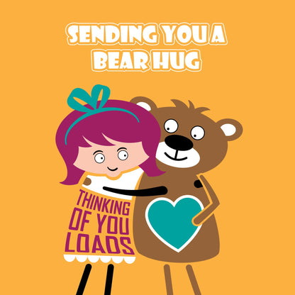 Cute bear hug thinking of you card — cartoon illustration of a girl hugging a bear on a yellow background. 150mm square card, front view.