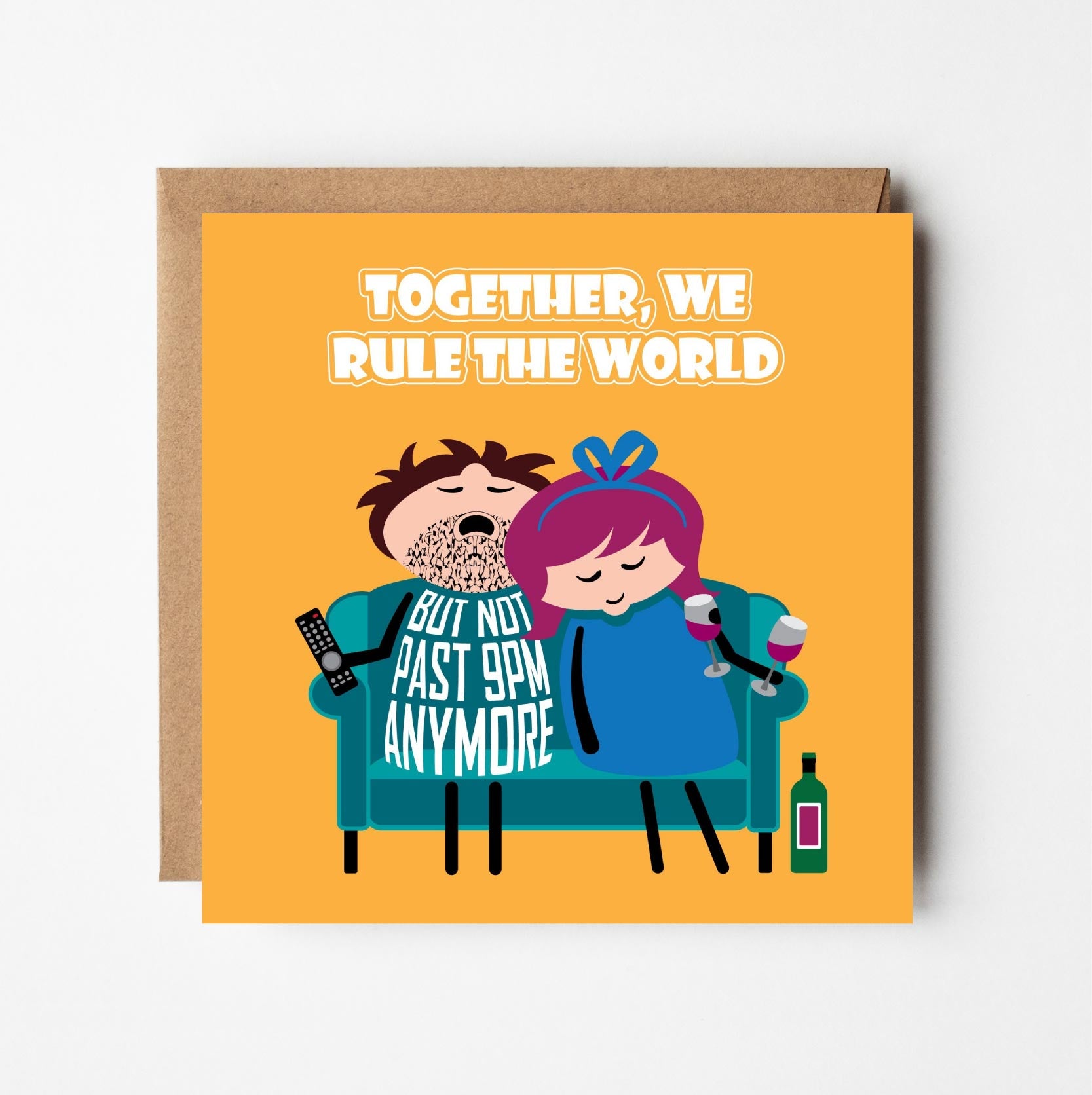 Funny couples love card with recycled Kraft envelope on yellow background
