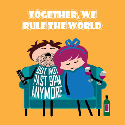 Witty anniversary and Valentine's card for couples — cartoon illustration on yellow background