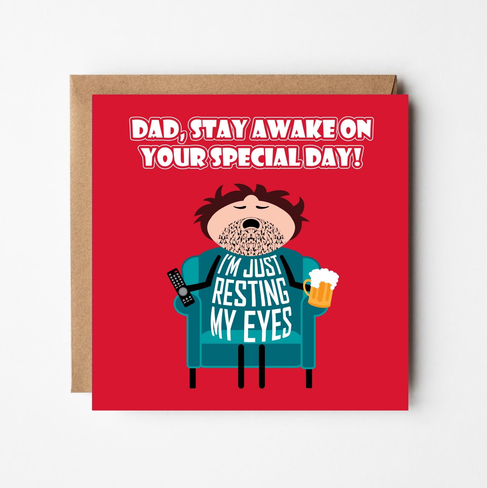 Funny Dad card for birthday or Father's Day with cartoon character asleep in chair insisting that he is just resting his eyes!