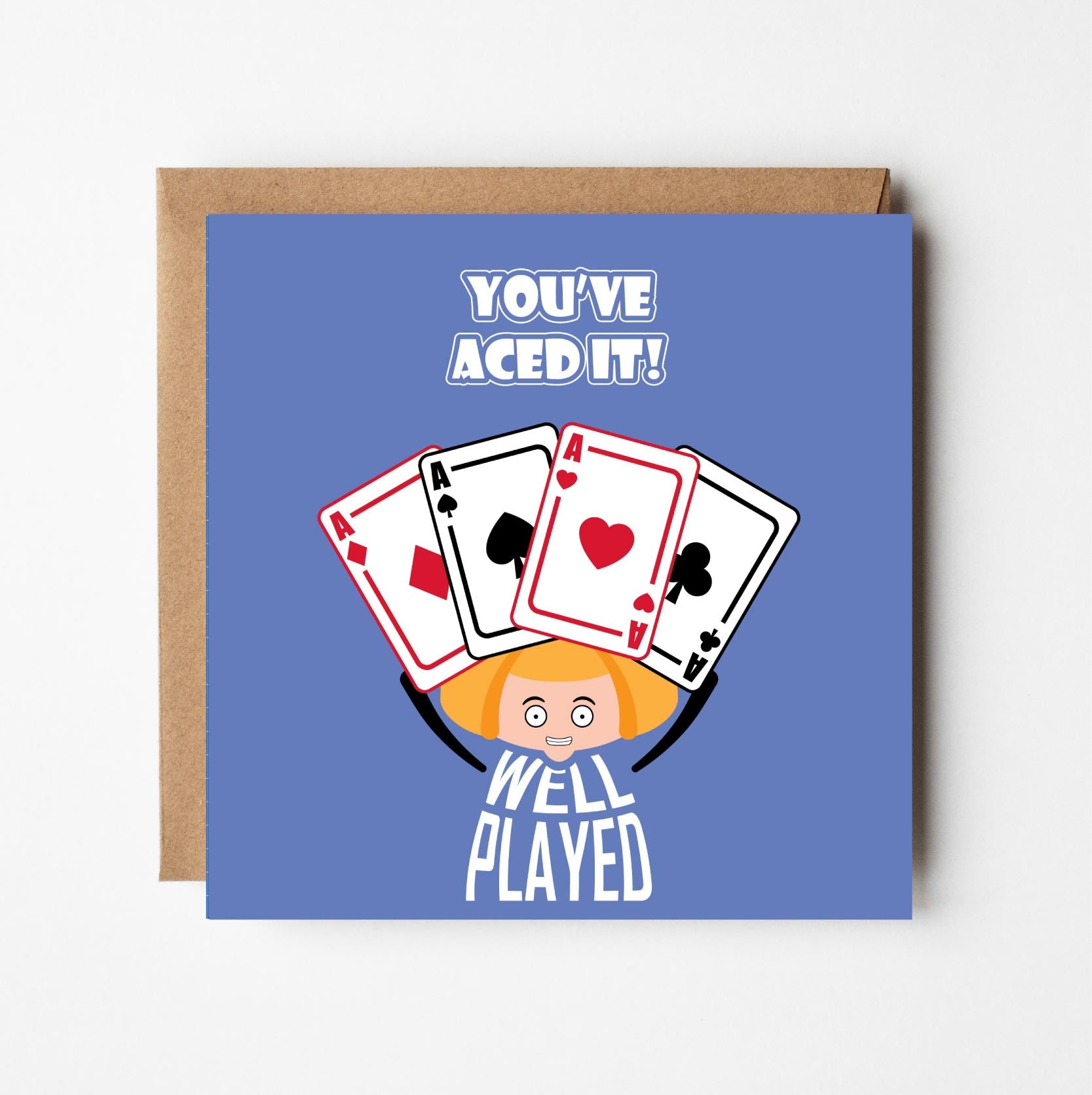 Aced It Congratulations card with cartoon character holding all the Ace cards on a blue background
