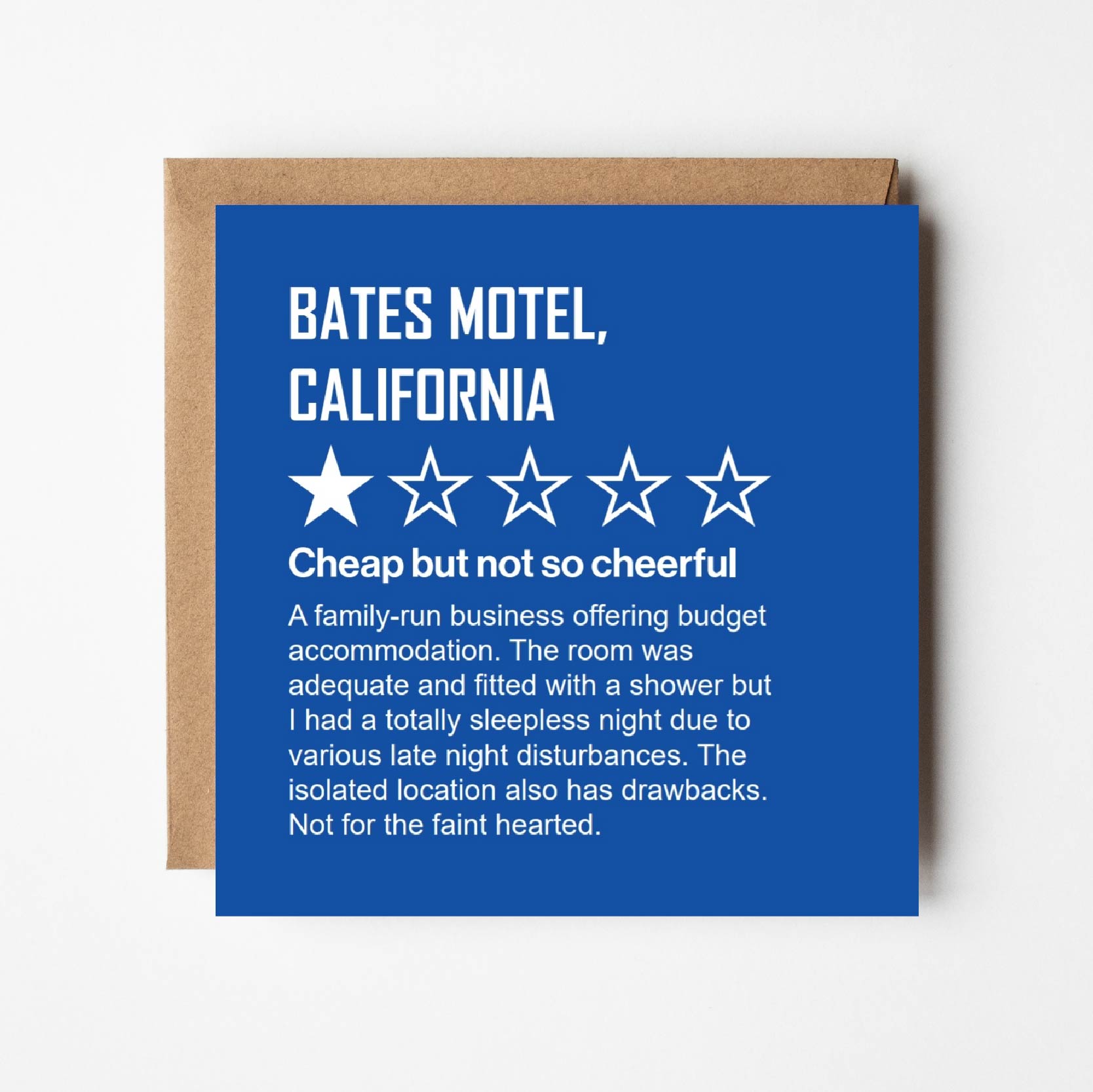 Funny Bates Motel Halloween card styled as a one-star online review, Hitchcock Psycho parody, with kraft envelope