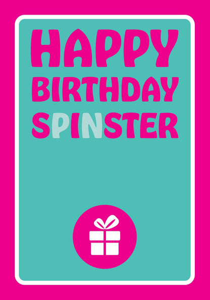 Close-up of Spinster birthday card typography showing shaded P and N letters that spell out Sister. Cheeky and sarcastic.