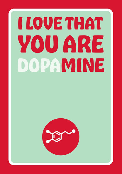 Dopamine Love Card front — funny dual-read love card for Valentine's Day, anniversaries, and partners who get the joke