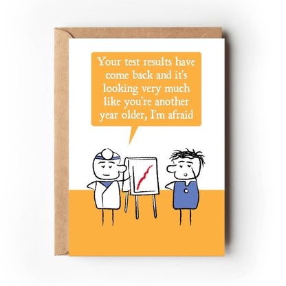 Cartoon doctor and patient stand next next to chart with sharp red upward line. The doctor says "Your test results have come back and it's looking very much like you're another year older, I'm afraid." Card is yellow, blue and white. 