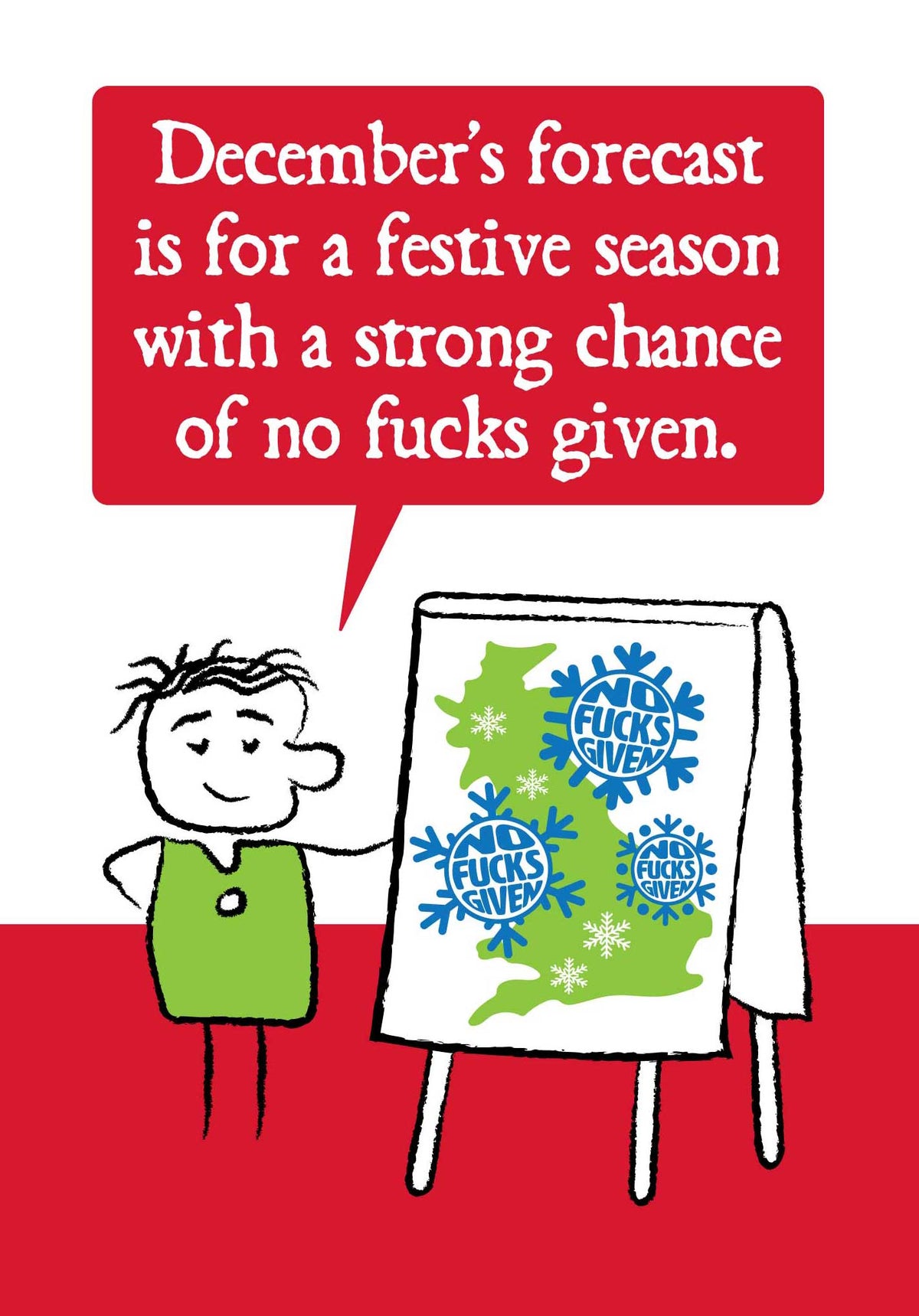 Sweary festive forecast Christmas card with a cartoon presenter and a UK weather map covered in no fucks given snowflakes.