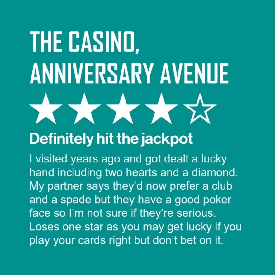 Funny witty anniversary card, four-star online review of The Casino Anniversary Avenue, poker and card suit wordplay