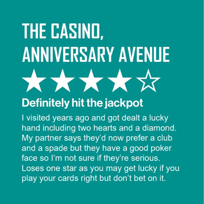 Funny witty anniversary card, four-star online review of The Casino Anniversary Avenue, poker and card suit wordplay