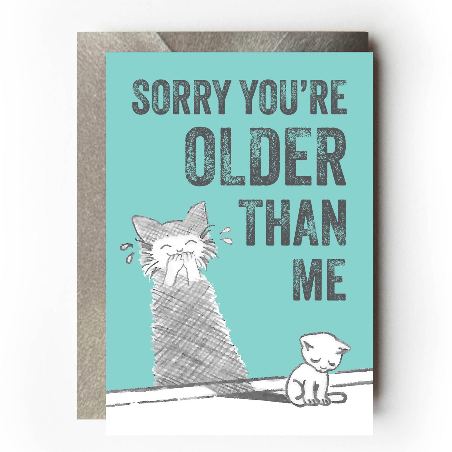 Sad-looking cat sitting beside a wall where its shadow appears to be laughing mischievously. Text reads: “Sorry you’re older than me” Funny sarcastic birthday card design for cat lovers.