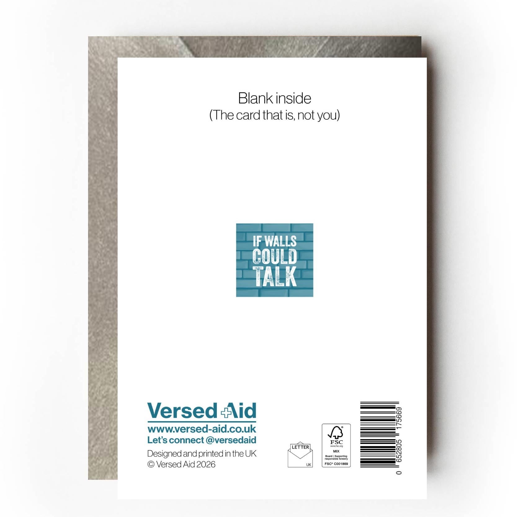Back of a greeting card with 'Versed Aid' branding and product details on a white background