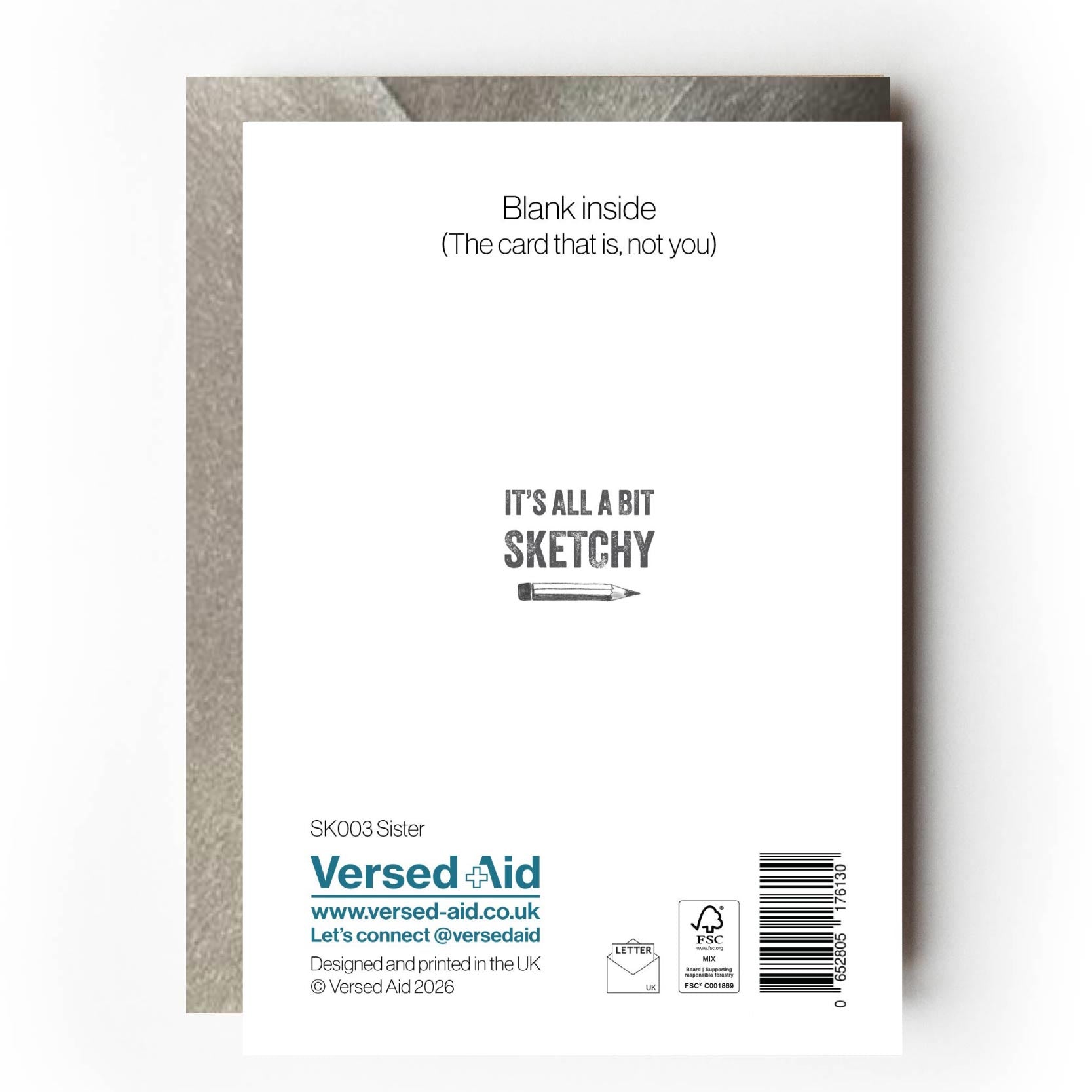 Back of card showing Versed Aid branding and card details including 'If Walls Could Talk' range name. It also cheekily states "Blank inside (the card that is, not you)" 