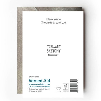Back of card showing Versed Aid branding and card details including 'If Walls Could Talk' range name. It also cheekily states "Blank inside (the card that is, not you)" 